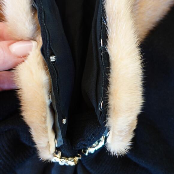 Vintage 1950s Cardigan Black Cashmere Mink Fur Collar Jeweled Retro Glam Sweater - Picture 5 of 10